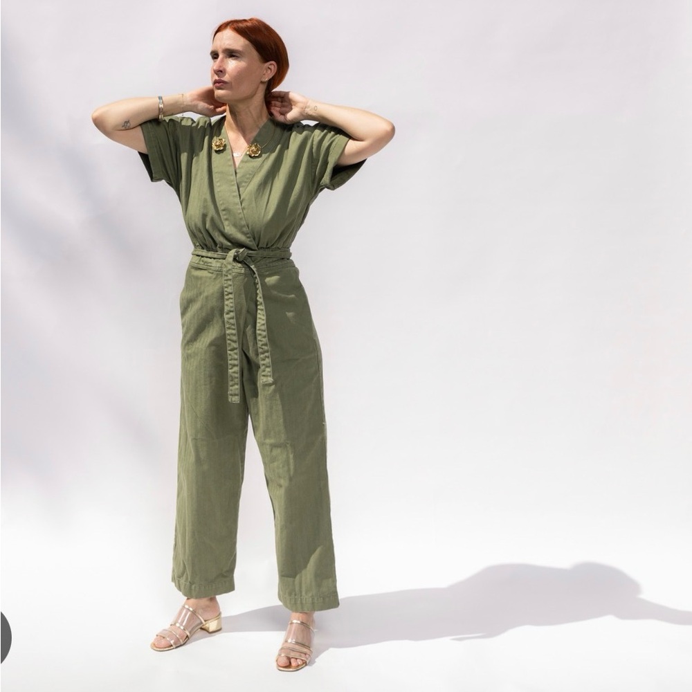 Caron Callahan Olive Green Wrap Utility Jumpsuit